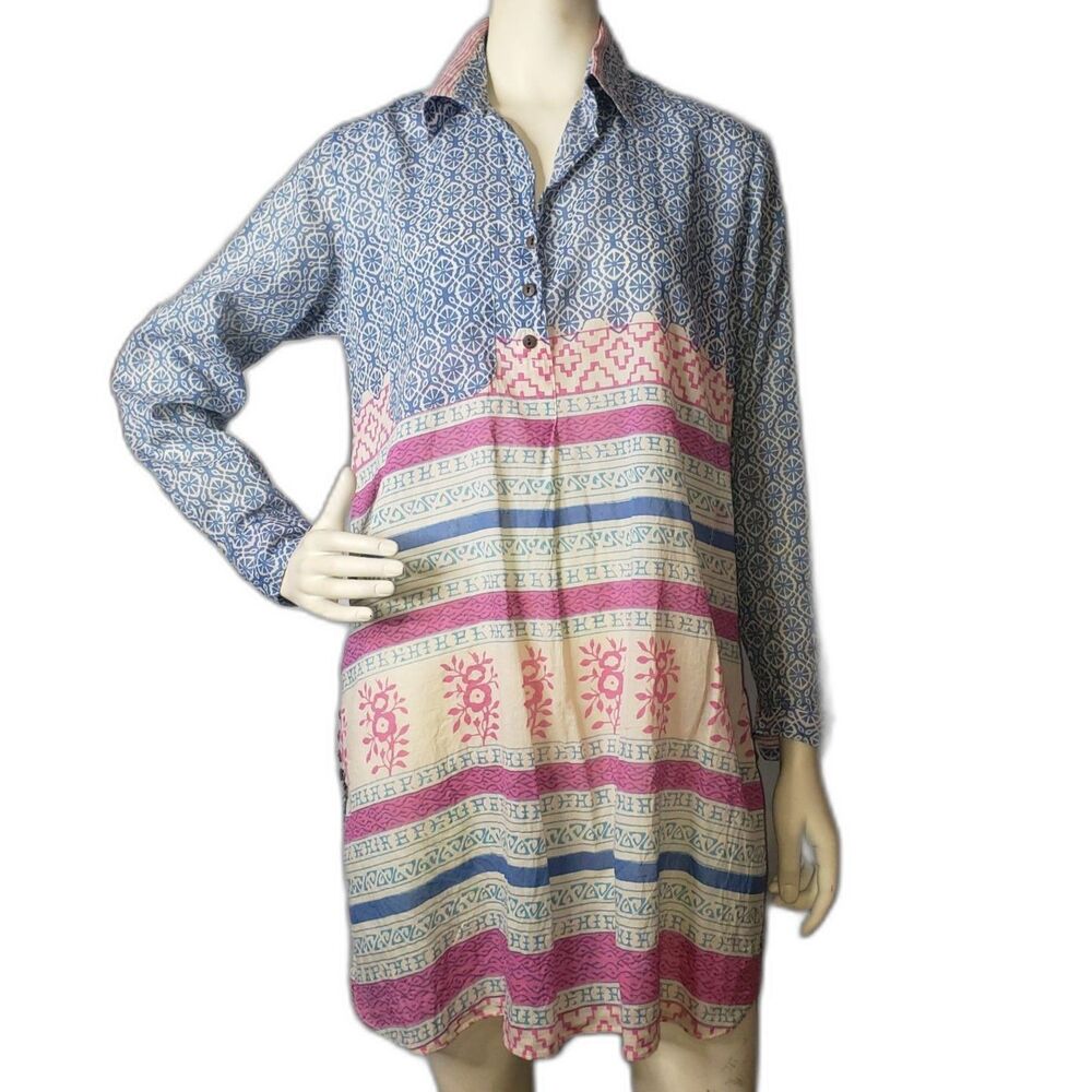 KARMA HIGHWAY Blue Ethnic Print Cotton Shirt Dress With Small Bag One Size